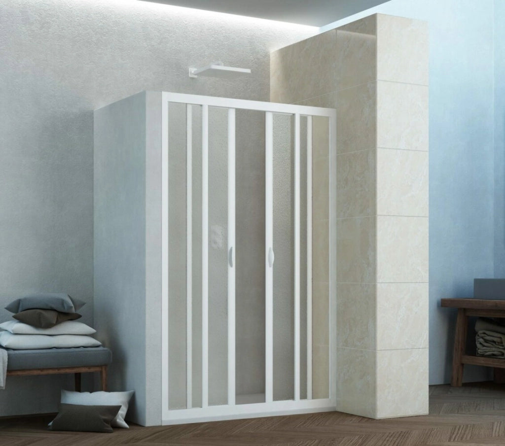 Box Porta Doccia Acrilico 2.2 MM 1 Lato Apertura Centrale Scorrevole Telaio PVC Bianco - Misura 110-120 x 185h 
