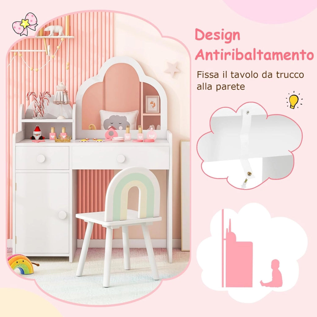 Set Toeletta Trucco per Bambina con Sedia, Tavolo Trucco Specchio a Nuvola Staccabile, Postazione Trucco con Ante e 2 Cassetti, per Bambine 3-7 Anni, Bianco