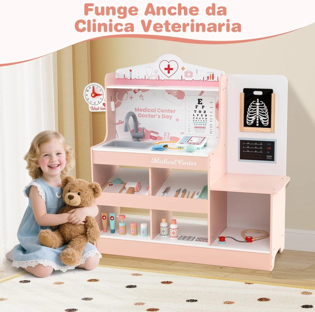 Set da Gioco Dottore in Legno, Centro Medico per Bambini con Orologio, Lavandino, Tabella Oculistica, Monitor ECG, Area Esame e 24 Accessori Giocattolo, 97 × 30,5 × 88 cm (Rosa)