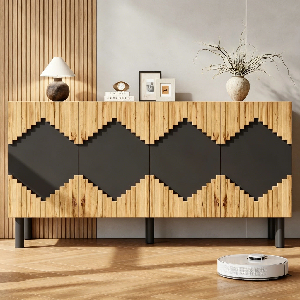 Credenza con ante push-open e 4 vani - per soggiorno - 140x40x70 cm - naturale e nero