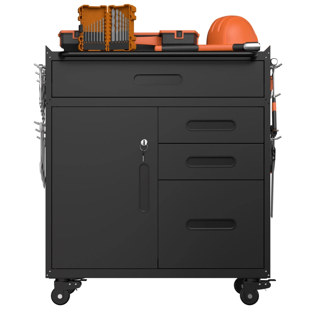 Mobile contenitore con anta chiudibile e 4 cassetti; ruote con freno per garage e officina; in metallo; 75×42×87.3 cm