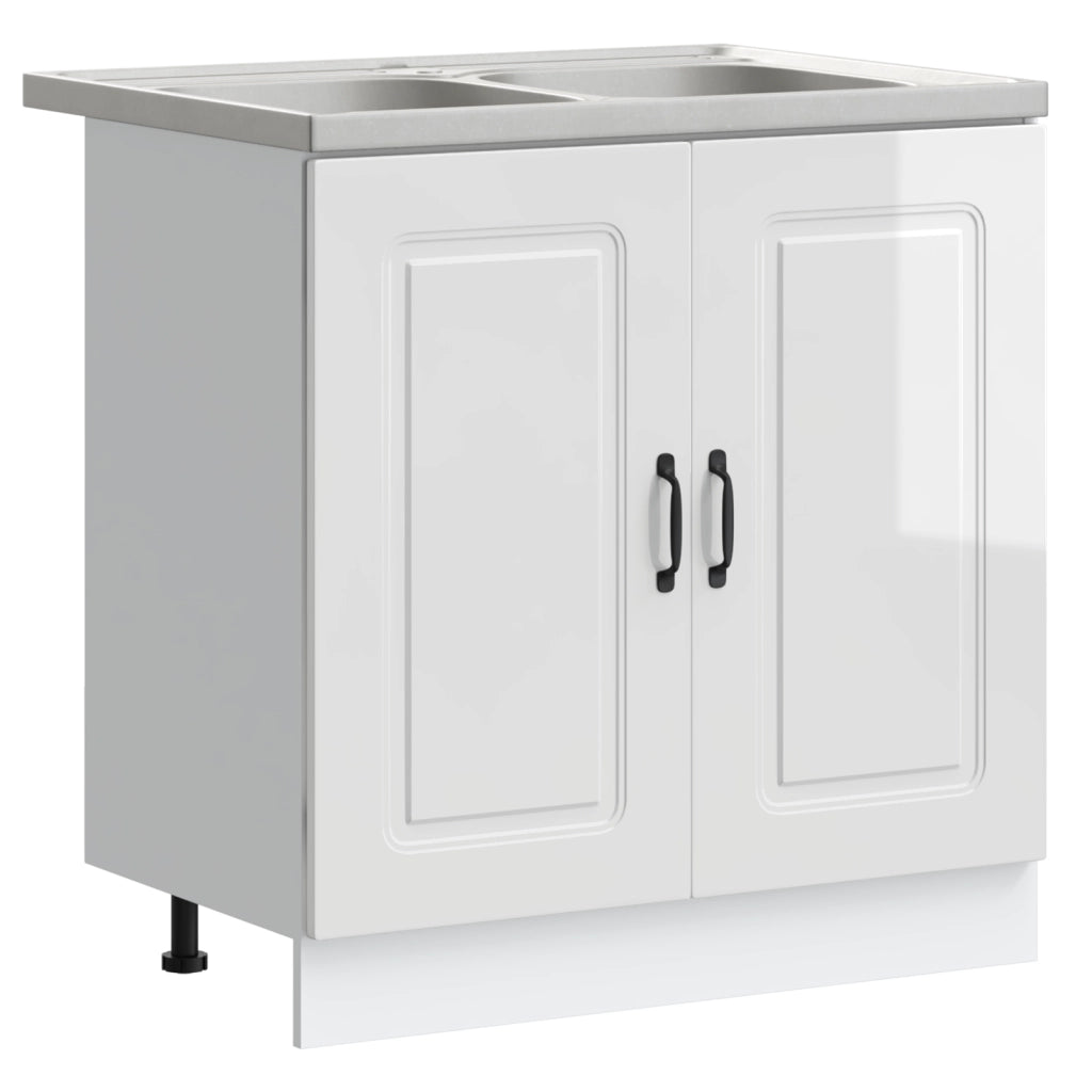 Mobiletto da cucina  "Kalmar" con doppi lavabi in legno ingegnerizzato bianco lucido