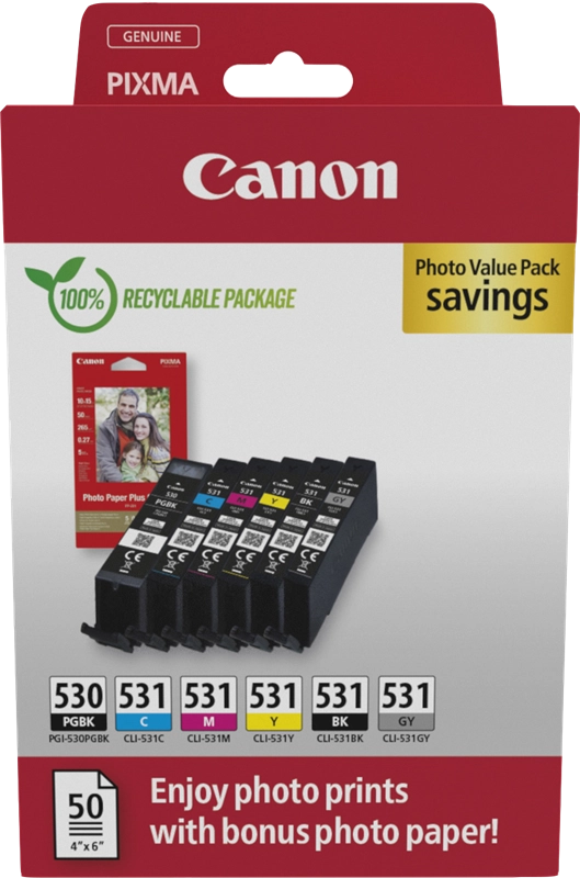 Canon PGI-530/CLI-531 PVP cartuccia d'inchiostro 6 pz Originale Nero, Ciano, Grigio, Magenta, Nero per foto, Giallo
