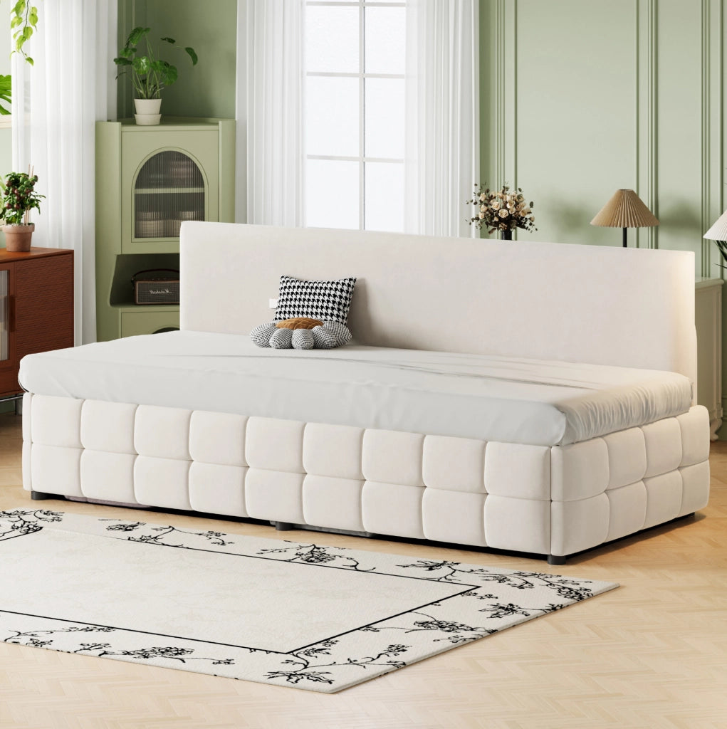 Letto singolo imbottito 90x200 cm con contenitore idraulico e schienale in velluto beige