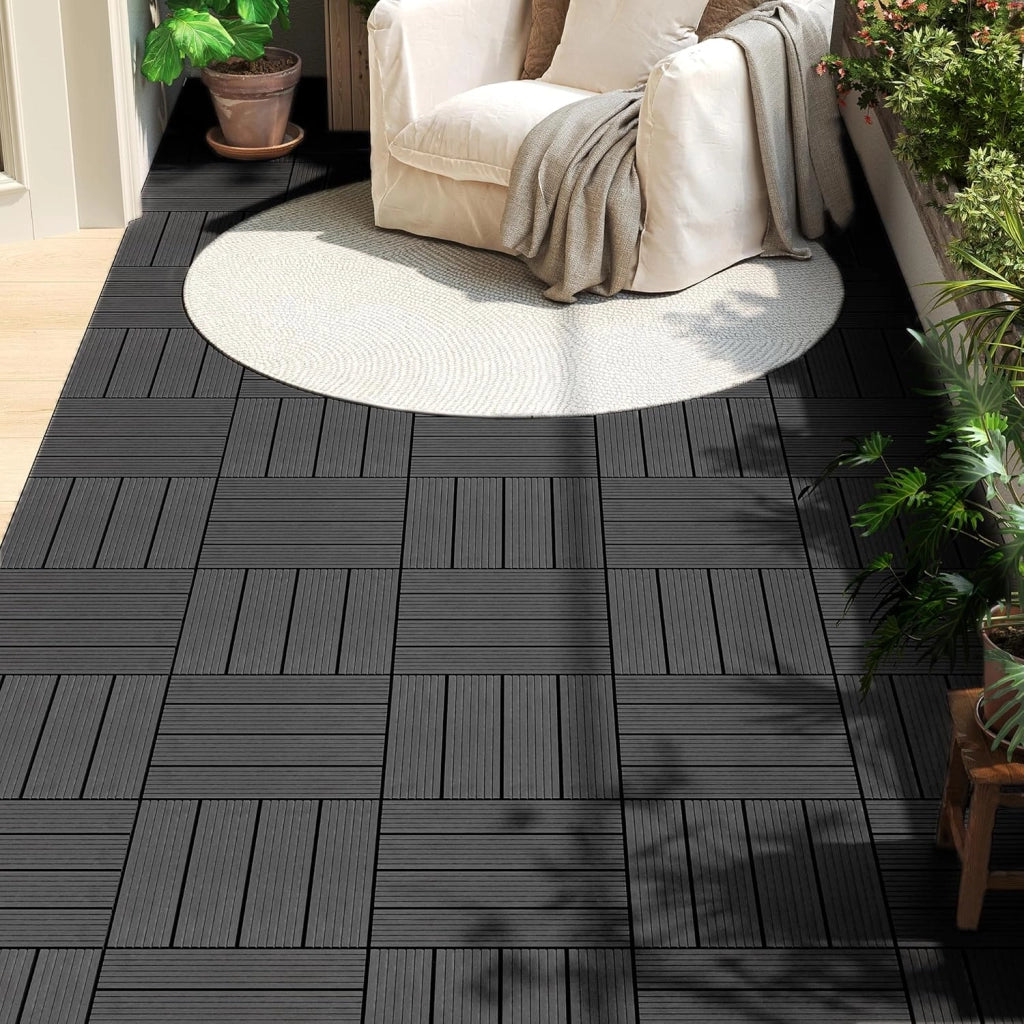 WOLTU Piastrelle per Pavimenti da Esterno Balcone/Giardino/Terrazza Pavimentazione ad Incastro in WPC, Legno Composito, con 11 Pannelli da 30x30 cm Antracite