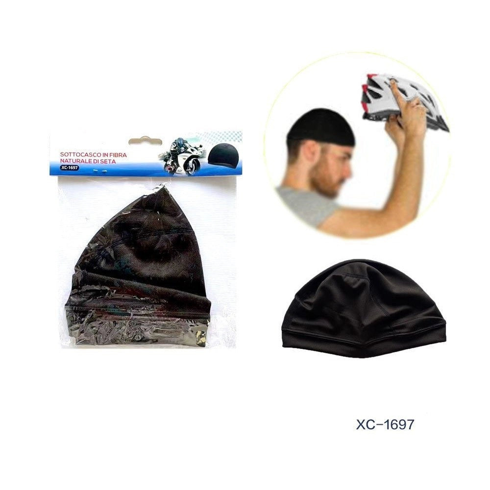 Trade Shop - Calotta Sottocasco Cappello In Fibra Naturale Di Seta Per Moto Bici Nero Xc-1697 -