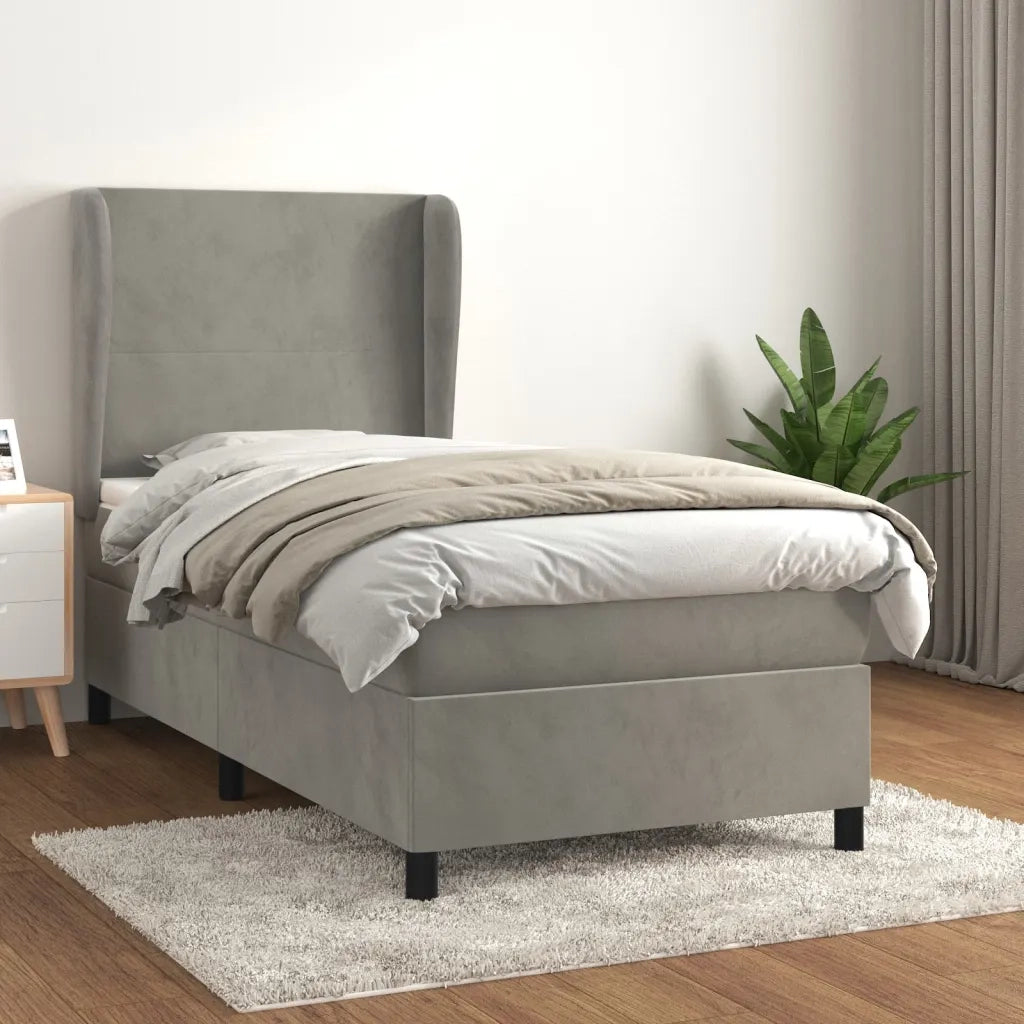 Letto singolo | Letto per adulti | Giroletto a Molle con Materasso Grigio Chiaro 90x200 cm Velluto