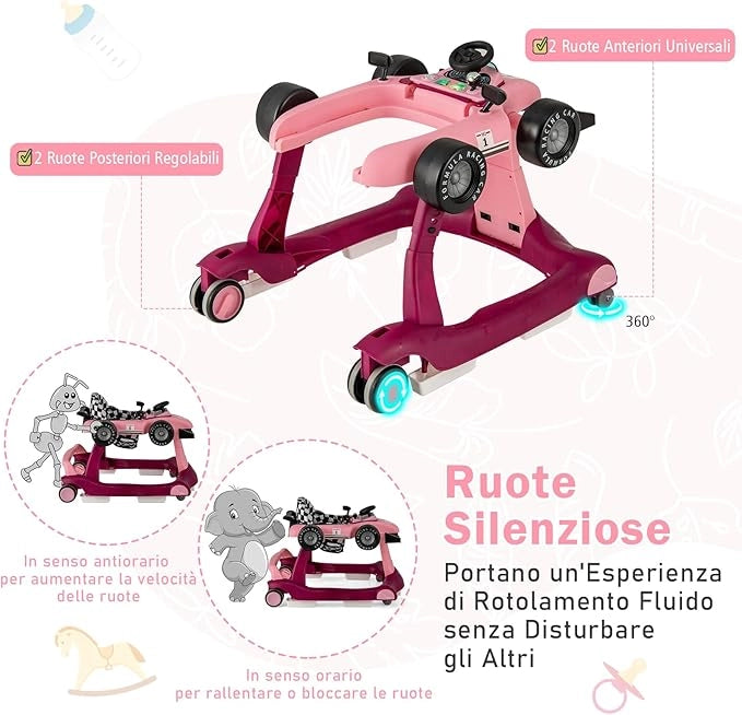 Girello per Bambini 4 in 1, Girello Pieghevole con Altezza e Velocità Regolabili, Carillon con Luci, Volante e Sedile, Primi Passi per Bambini 6-18 Mesi, Portata 15 kg (Viola)