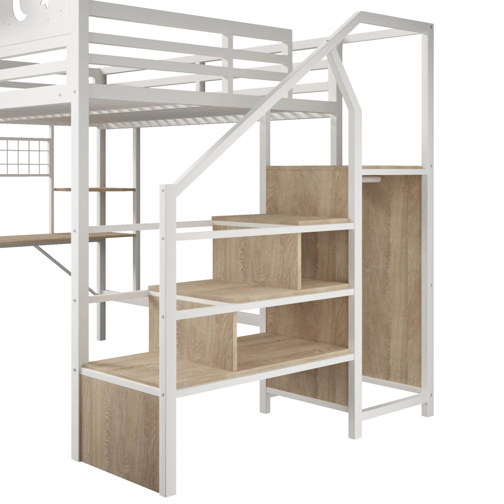 Letto a soppalco 140x200 cm con scrivania; pannello pegboard; ripiani; LED; USB e gambe a K; metallo bianco