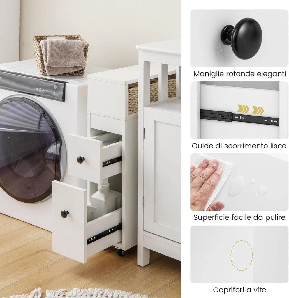 Mobile Bagno 50 x 19 x 72 cm, Arredo Salvaspazio con 2 Cassetti, 2 Cesti in Rattan, Ruote e Ripiani, Armadietto Stretto per Spazi Ridotti, Salotto e Cucina (Bianco)