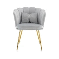 Poltrona Design Moderna in Velluto per Soggiorno con Schienale a Petalo e Gambe Metalliche Dorate, Cuscino a Farfalla, Grigio