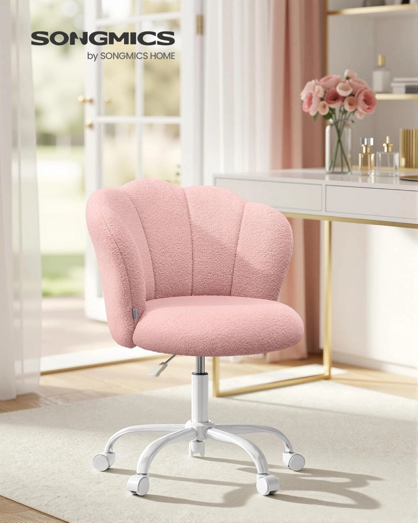 SONGMICS Sedia da Ufficio Girevole a 360°, Sedia da Trucco Imbottita, Tessuto Peluche, Regge 110 kg, Schienale a Petali, Altezza Regolabile, Soggiorno Camera da Letto, Rosa Pastello OBG030SA01