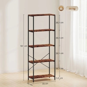 Libreria a 5 ripiani in metallo, stile industriale, colore Rustic Brown, 79 x 35 x 161 cm
