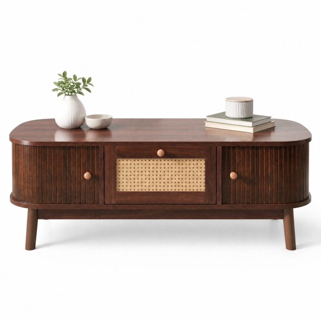 Tavolino da caffè 110x55x38;5 cm con cassetti e ante scorrevoli in rattan; MDF; naturale