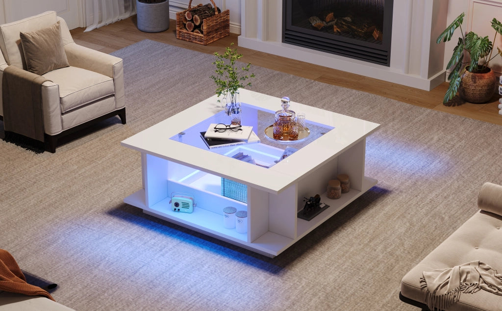 Tavolino basso quadrato con LED, 2 vani aperti e ripiani laterali, in truciolato e vetro, bianco, 70 × 70 × 30 cm