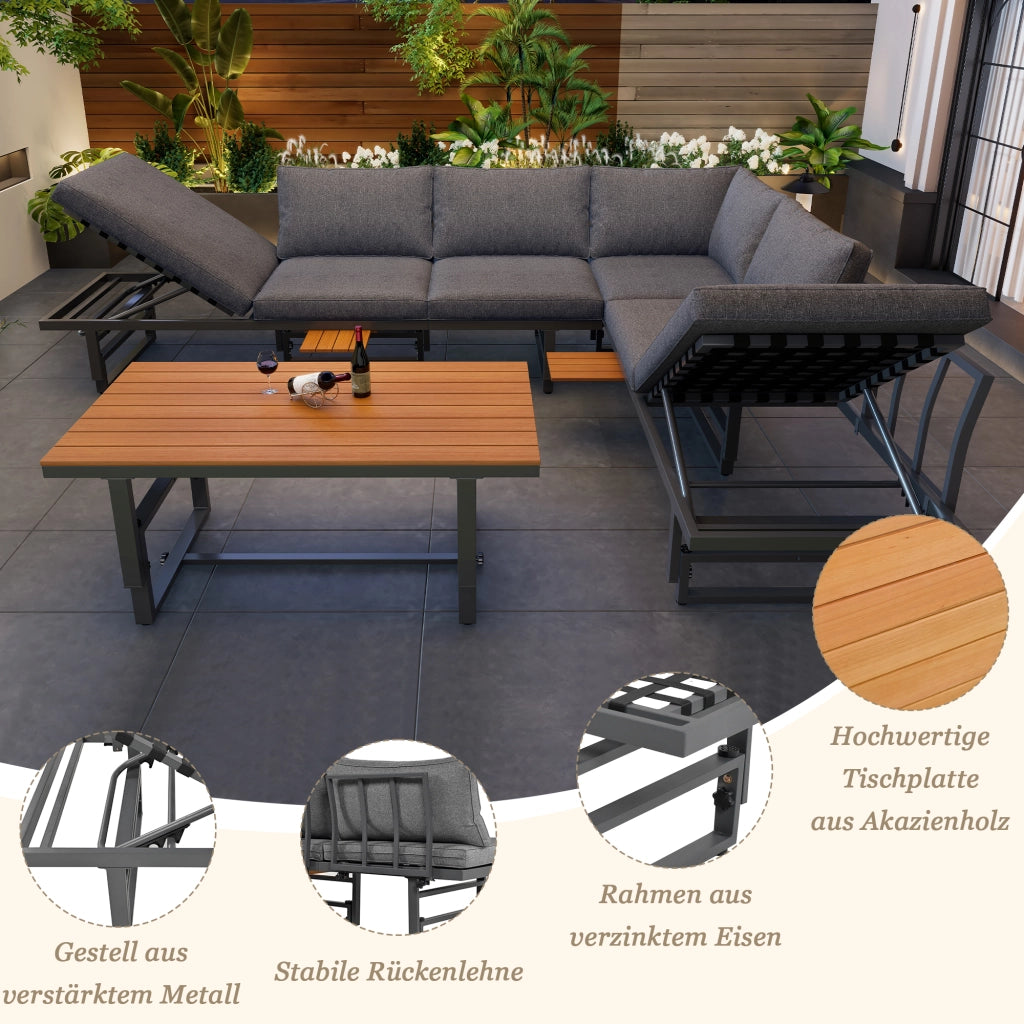 Set mobili giardino 3 pezzi: 2 Divanooi + tavolo; ferro verniciato; schienale regolabile; acacia; cuscini; grigio
