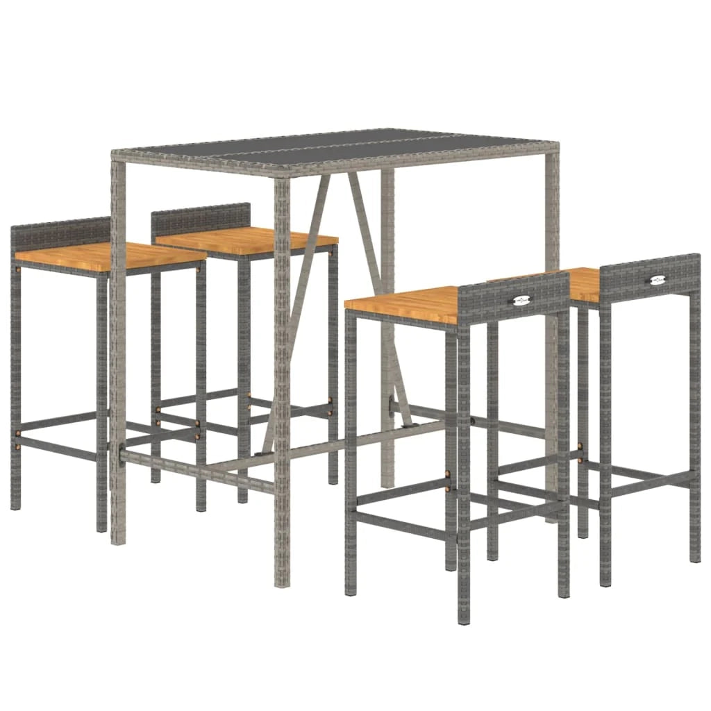 Set bar da giardino mobili da esterno terrazza 5 pezzi polyrattan grigio/legno massiccio di acacia 02_0013482