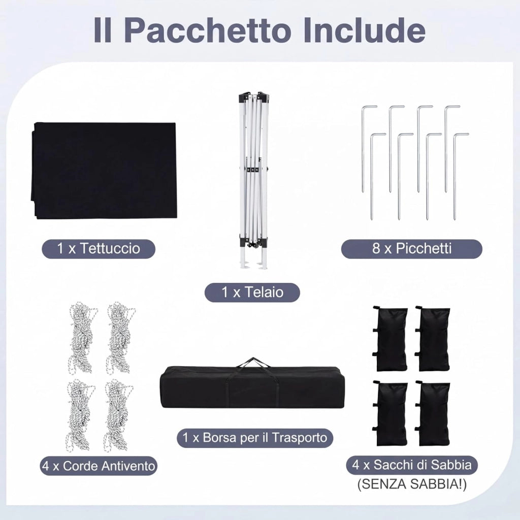 Gazebo da Esterno Pieghevole 290 x 290 cm, Gazebo Pop up con 4 Sacchi di Sabbia e Borsa da Trasporto, Regolabile in Altezza, Telaio Robusto in Metallo, per Mercato, Campeggio (Nero)