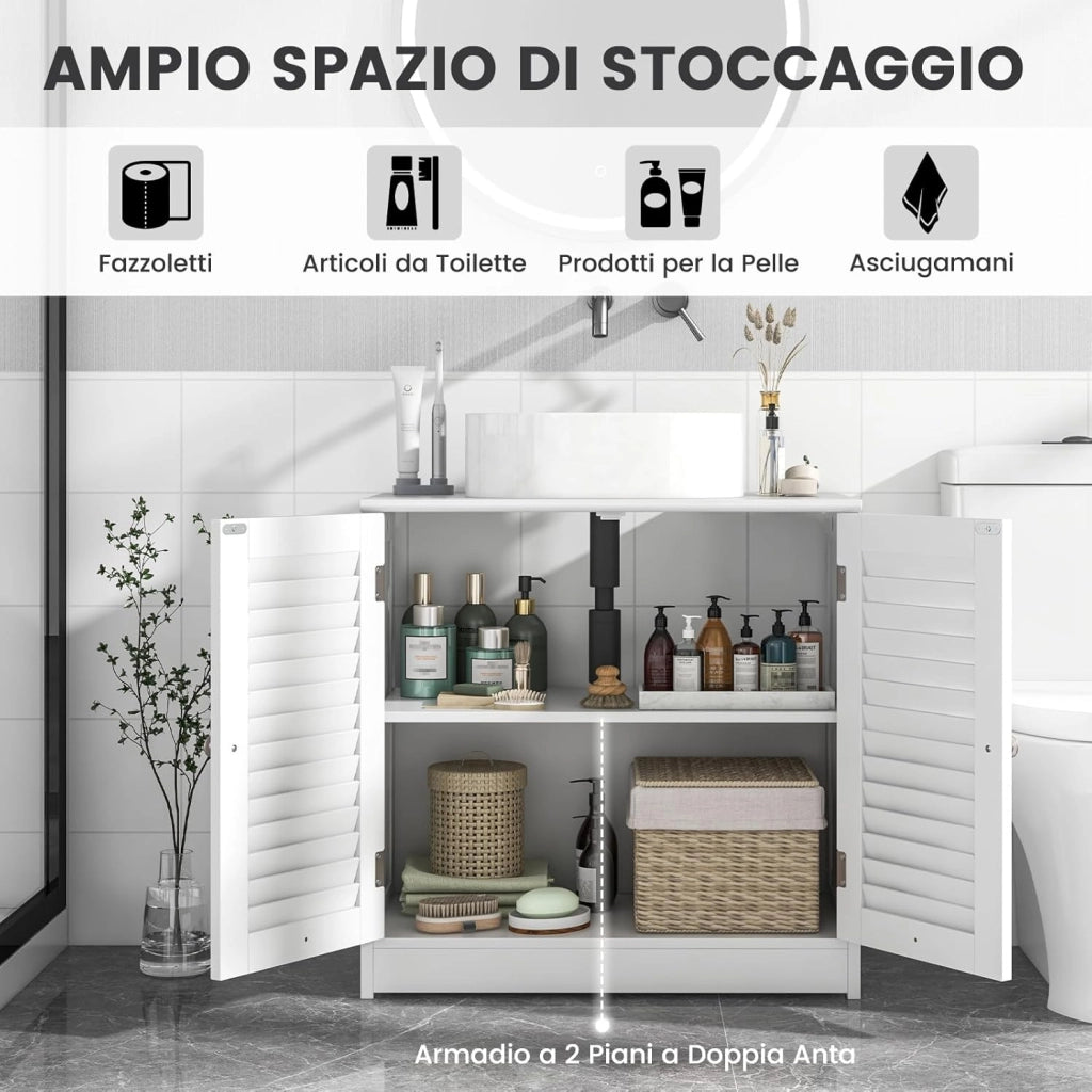 Mobile Sottolavabo per Bagno, Armadietto a Terra con 2 Ante a Persiana, Ripiano e Taglio a U 24 x 20cm, Organizer Moderno e Salvaspazio per Prodotti da Toeletta e Asciugamani, Bianco