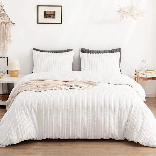 Set di lenzuola per letto, 135 x 200 cm, bohemiano, a puff, a righe, a righe, reversibile, set di lenzuola per letto, set ragazze, microfibra bohemiana, copriletto con chiusura a cerniera e cuscino 80 x 80 cm