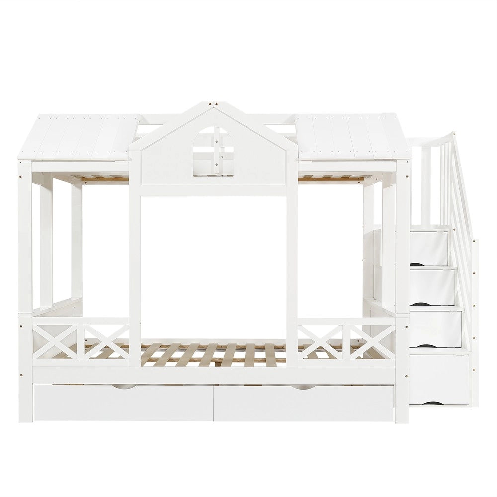 Letto a Castello con Cassetti e Scaletta ¨C MINIMAL ¨C Pino/MDF, Bianco, 90x200 & 140x200
