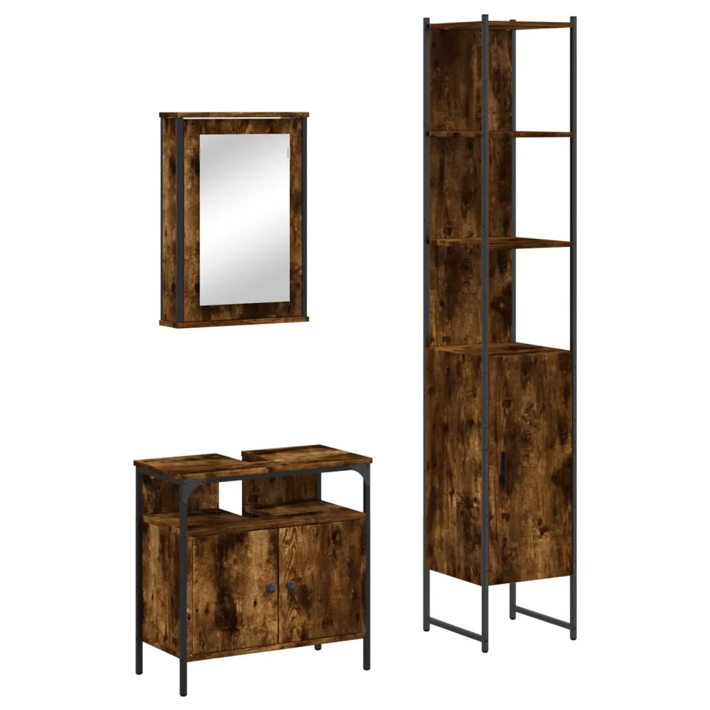Set Mobili da Bagno | Armadio da bagno 3 pz Rovere Fumo in Legno Multistrato