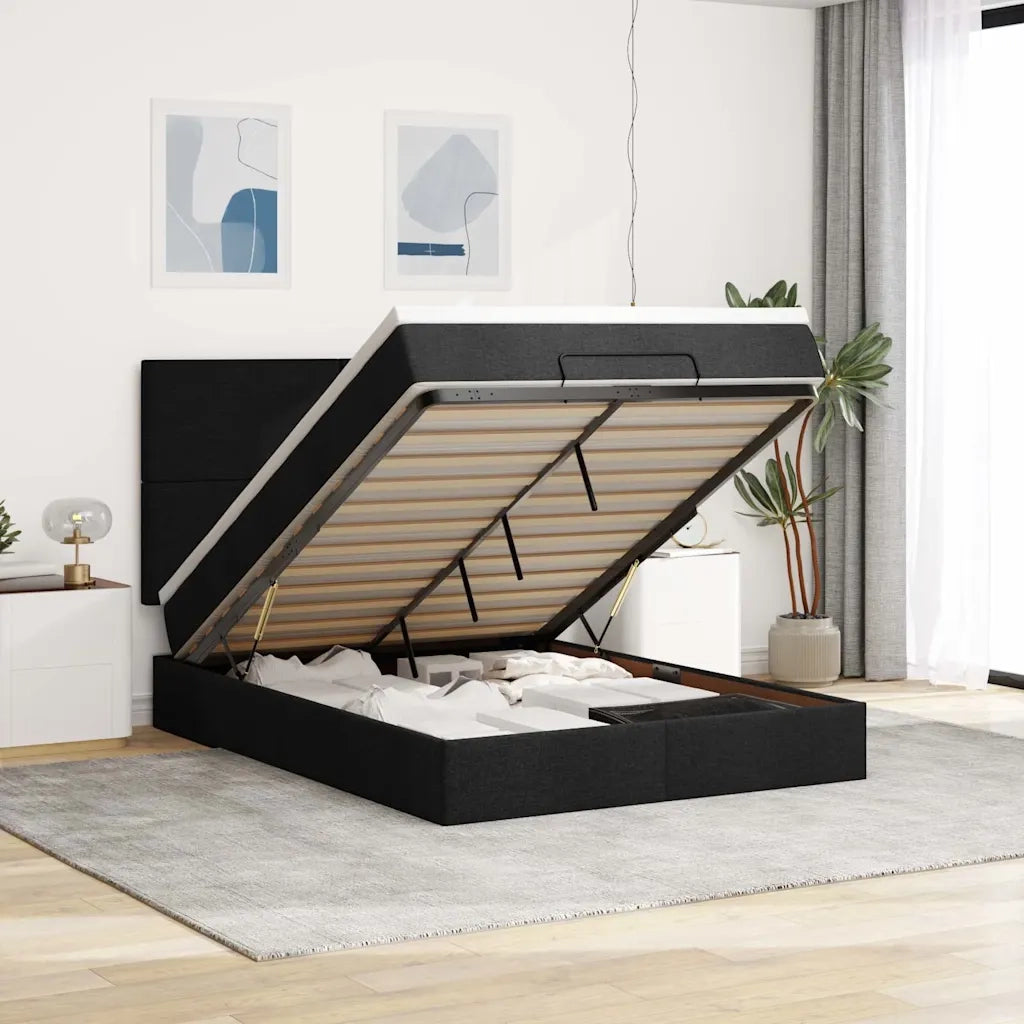Struttura Letto Pouf con Materasso Nero 140x200 cm in Tessuto 3313929