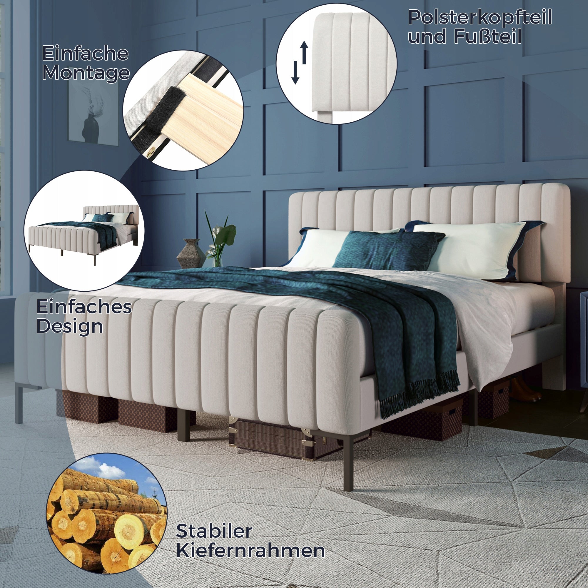 Letto Matrimoniale - Xylo - 160x200 - Beige - USB-C con Materasso