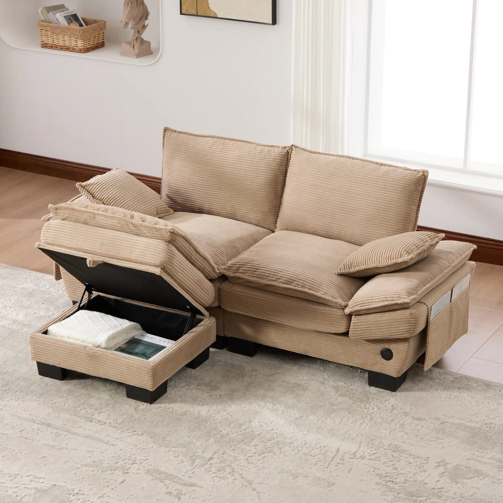 Divano a 2 posti in corduroy con pouf, ampia seduta ergonomica, USB-C e tasche laterali, per soggiorno, khaki