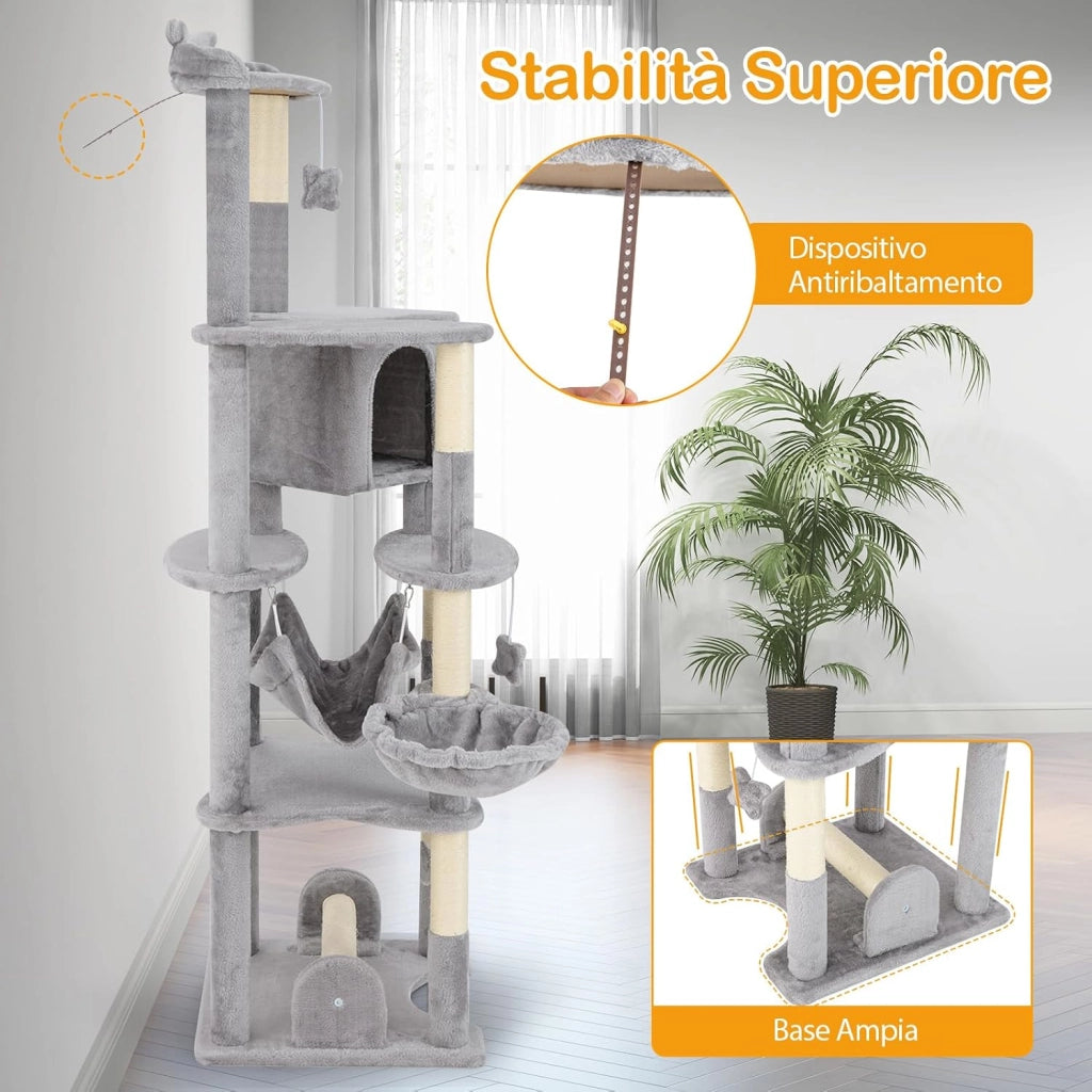 Tiragraffi 176cm, Albero per Gatti con Letto a Cesta, Amaca, Palline, Piattaforme di Salto, Giocattoli, Torre per Animali Domestici da Interno, Grigio