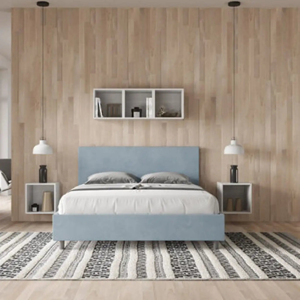 Letto matrimoniale senza rete imbottito 160x190 microfibra azzurro Adele