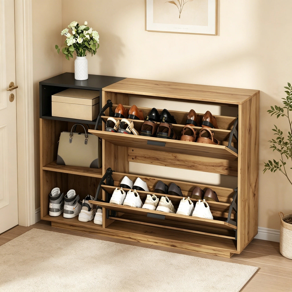 Scarpiera con 2 ante a ribalta e 3 vani aperti, per ingresso, in MDF, effetto legno naturale e nero, 120 × 32 × 84,5 cm