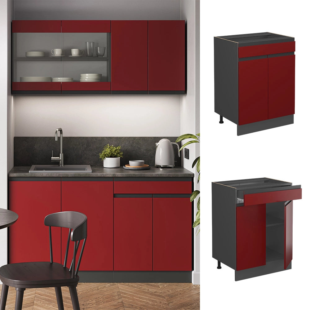 Vicco Mobiletto base per cucina Rosso 60 cm Forma a J, con cassetto, senza piano di lavoro