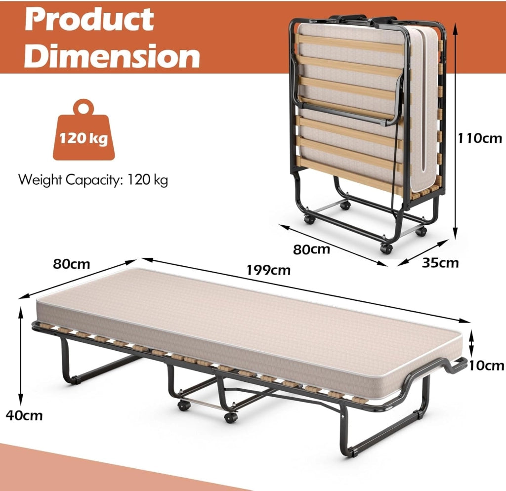 Letto Singolo Pieghevole, Portata di 120 kg, Letto Singolo con Materasso e 4 Ruote, 4 Gambe in Mettallo, Fibbia Fissata, 80 x 200 cm, Ideale per Viaggio e di Riserva