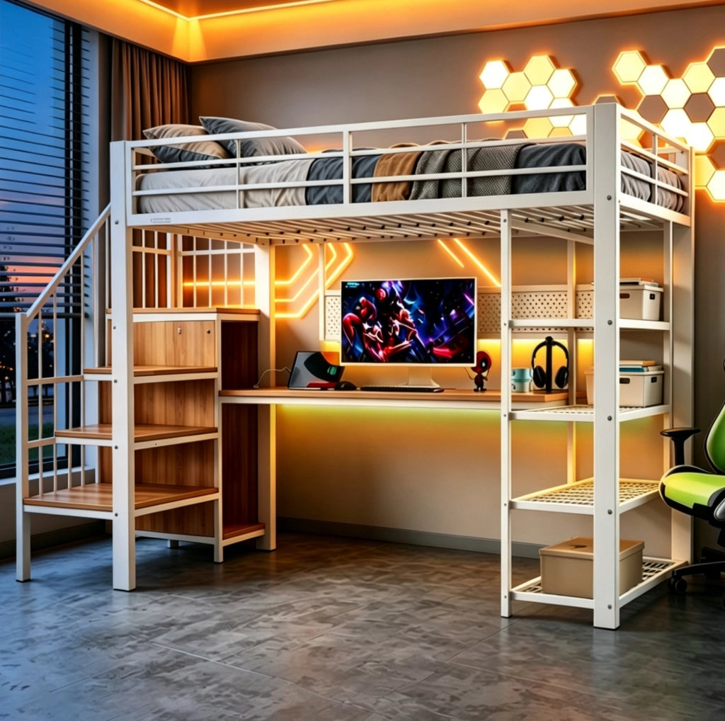 Letto a soppalco multifunzione 90x200 cm con scala contenitore; LED e prese; bianco