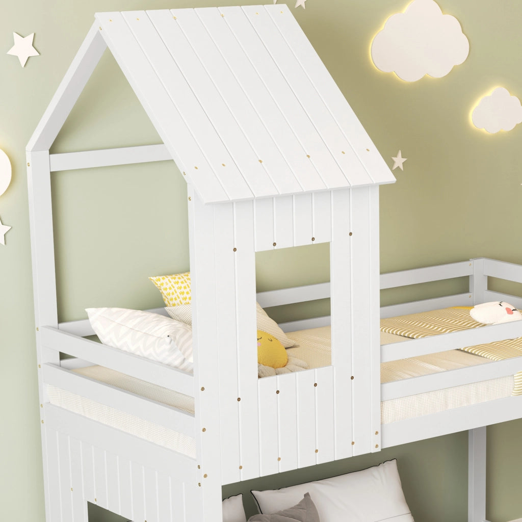 Letto a castello con scivolo, design a casetta, con scala laterale e protezioni di sicurezza