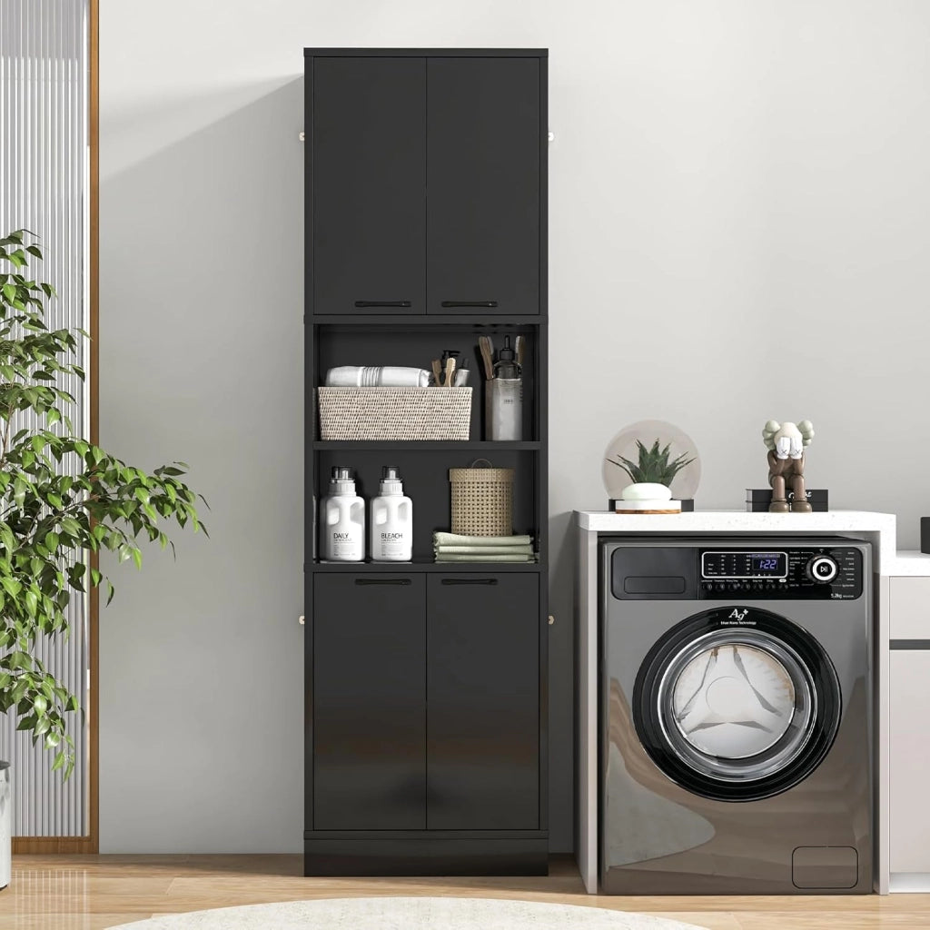 Credenza da Cucina Alta 190 cm con 4 Ante, 2 Scomparti Aperti e 6 Ripiani, 4 Kit Antiribaltamento, Armadio Portaoggetti per Cucina e Bagno