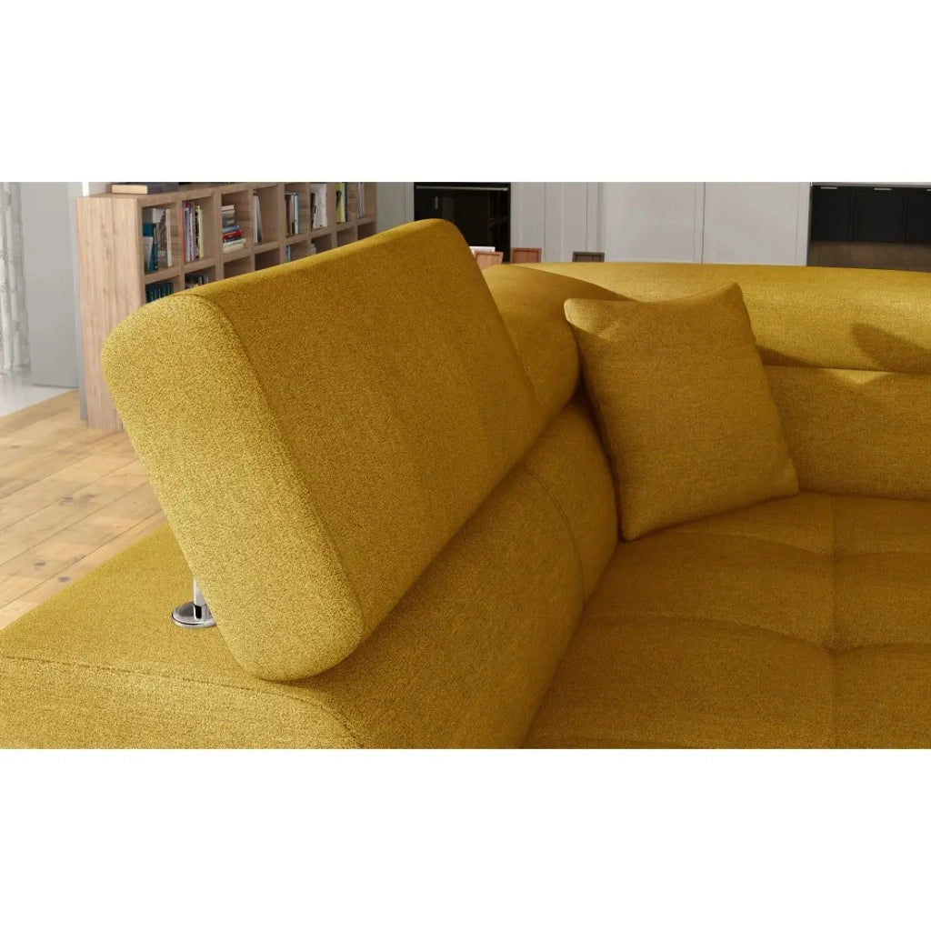 Divano angolare trasformabile MENTON giallo bouclé – Angolo sinistro con baule