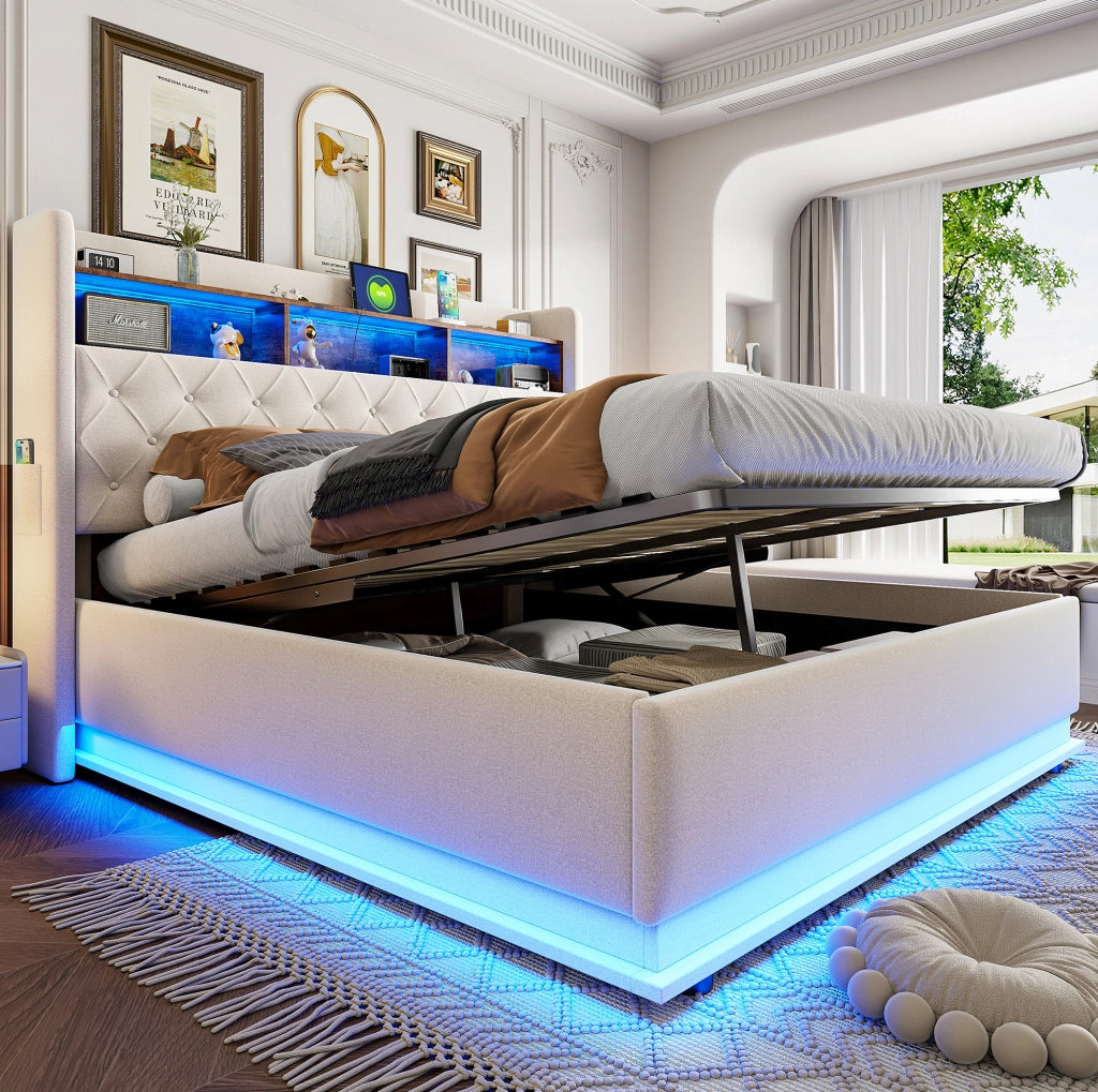 Letto matrimoniale imbottito 180x200 cm con LED; USB e contenitore idraulico; beige