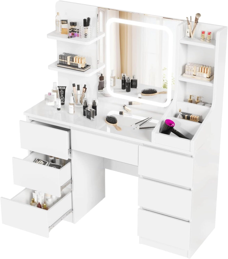 Toeletta da Trucco con 7 Cassetti, Postazione Trucco con Specchio a LED, Luminosità Regolabile,Tavolo da Toeletta con 4 Ripiani Aperti,per la Camera da Letto, Bianco