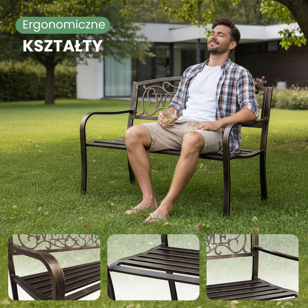 Panchina da giardino bruna IRYS con gambe in acciaio e schienale in ghisa larghezza 127 cm