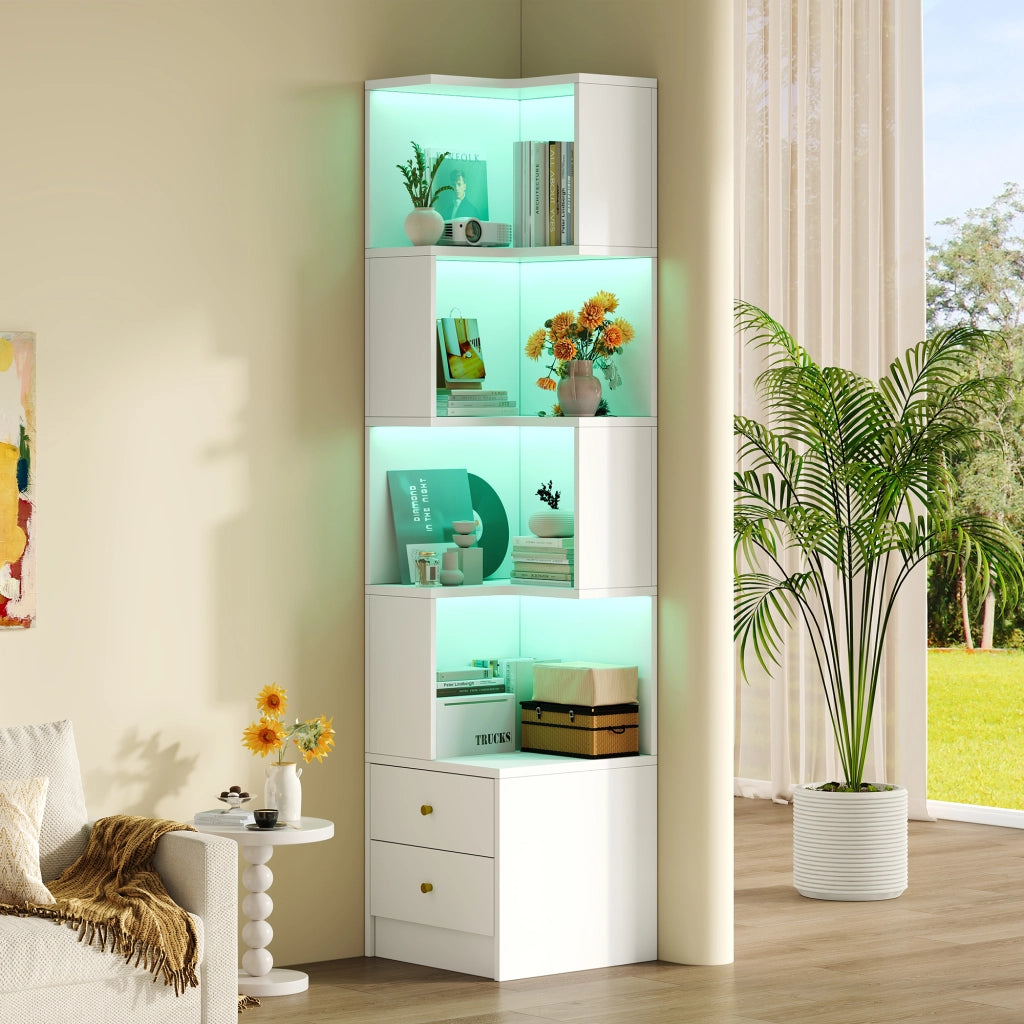 Libreria angolare con LED da app 4 ripiani aperti e 2 cassetti in MDF per studio soggiorno bianca 45 × 43,5 × 180 cm