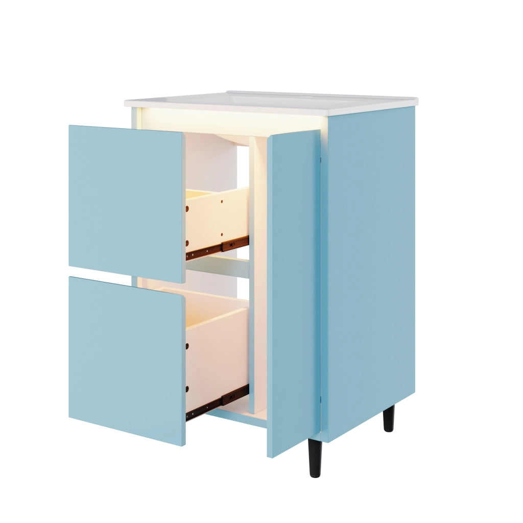 Mobile lavabo bagno freestanding blu 61 x 46,5 x 87 cm con lavandino in ceramica integrato, 2 cassetti e anta a chiusura rallentata