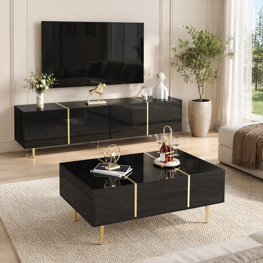 MOBILE TV e TAVOLINO Set 2 unità Nero lucido MDF con dettagli oro
