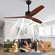 Ventilatore da soffitto a 3 pale in legno massello; con telecomando; senza luce; colore noce