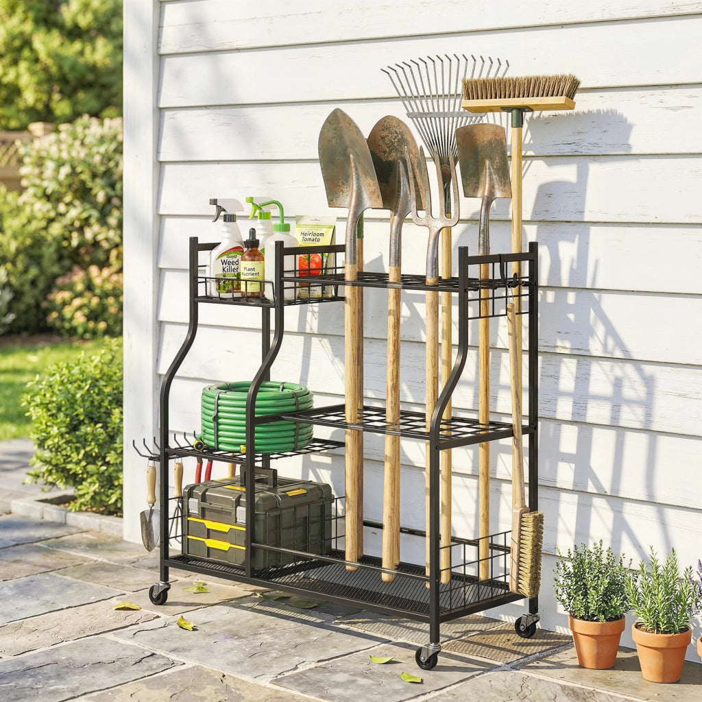 Organizzatore Attrezzi da Giardino 3 Livelli ¨C zephmum ¨C Nero 104x40x95cm