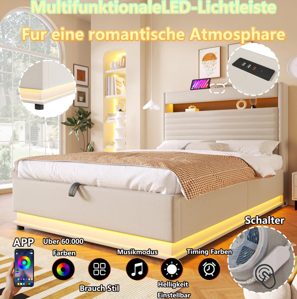 Letto imbottito 140x200 cm con LED, USB/Type-C e contenitore