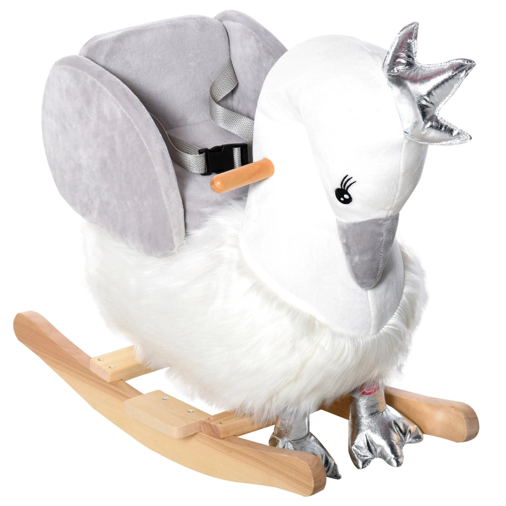 Cavallo a Dondolo Cigno per Bambini ¨C Minimal ¨C Legno di Pioppo e Peluche, Bianco e Grigio