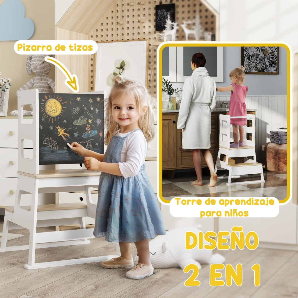 Torre di apprendimento con lavagna e barriera di sicurezza per bambini 3-6 anni ¨C Xylo ¨C 55x52,5x87,5 cm bianco
