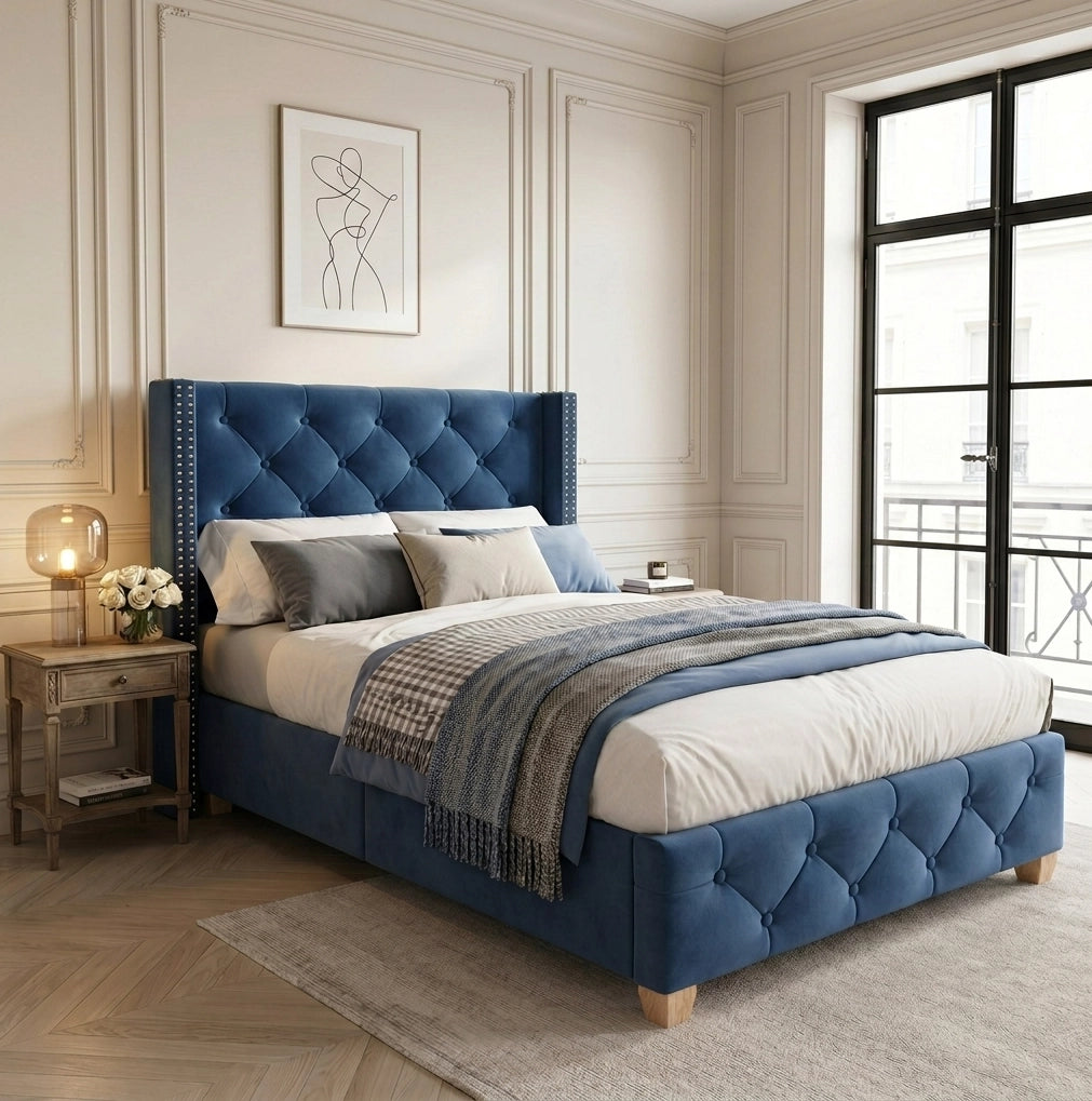 Letto imbottito 90x200 cm in velluto blu con testiera imbottita e rete a doghe